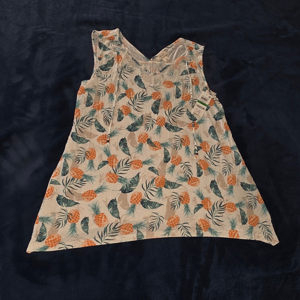Style & Co Womens Pineapple Toss‎ Lace Trim V-Neck Tank Top Large NWT